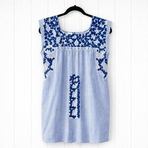 J MARIE BLUE WHITE STRIPED ADELINE EMBROIDERED MINI DRESS SIZE SMALL